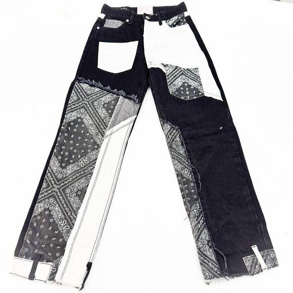 Revice Button Fly Bandana Paisley Patch Printed Straight Leg Denim Jeans Size 23 - Picture 2 of 8